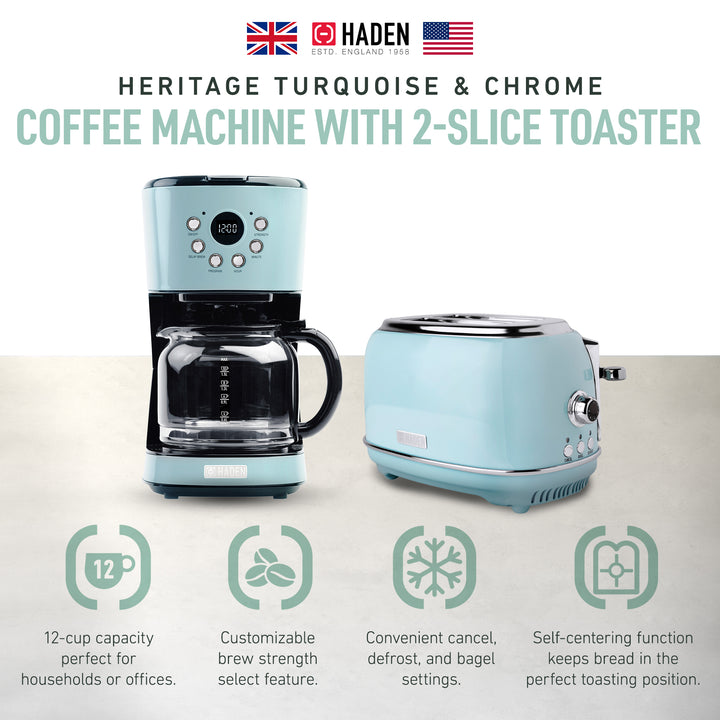 Haden Heritage 12 Cup Programmable Coffee Maker with 2 Slice Toaster, Turquoise