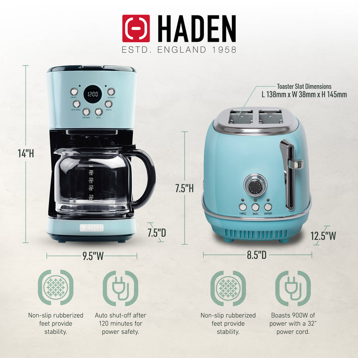 Haden Heritage 12 Cup Programmable Coffee Maker with 2 Slice Toaster, Turquoise