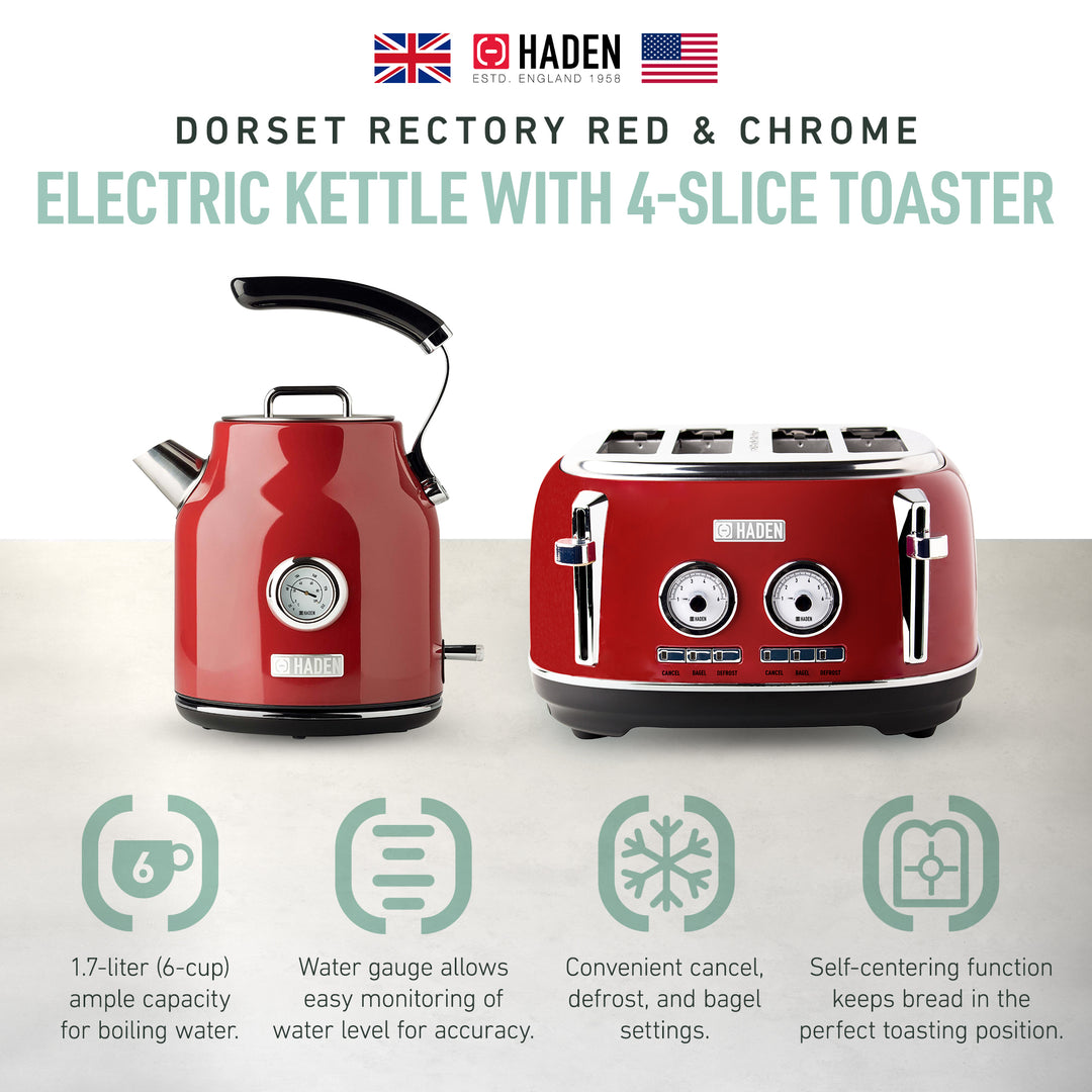 Haden Dorset 1.7 Liter Cordless Electric Kettle and 4 Slice Bread Toaster, Red