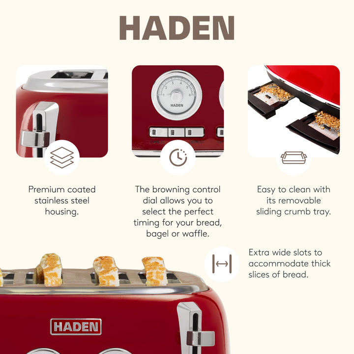 Haden Dorset 1.7 Liter Cordless Electric Kettle and 4 Slice Bread Toaster, Red