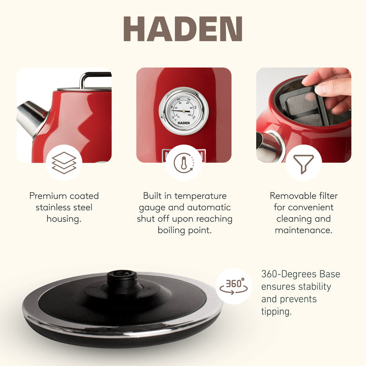 Haden Dorset 1.7 Liter Cordless Electric Kettle and 4 Slice Bread Toaster, Red
