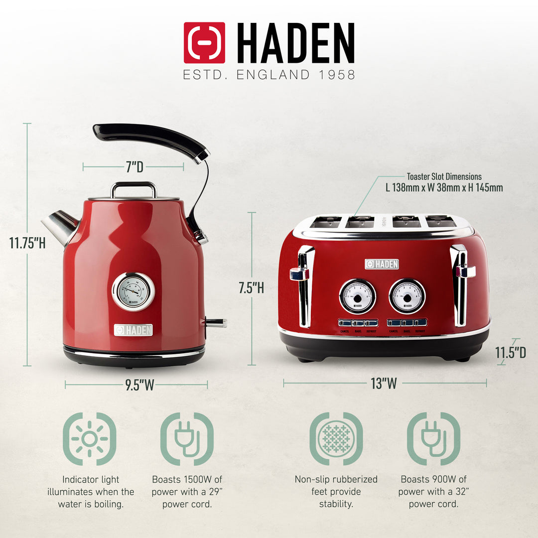 Haden Dorset 1.7 Liter Cordless Electric Kettle and 4 Slice Bread Toaster, Red