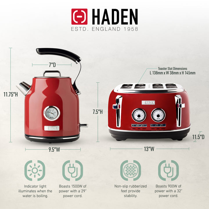 Haden Dorset 1.7 Liter Cordless Electric Kettle and 4 Slice Bread Toaster, Red