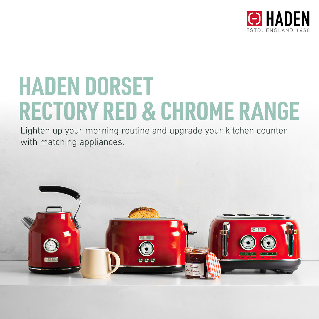 Haden Dorset 1.7 Liter Cordless Electric Kettle and 4 Slice Bread Toaster, Red