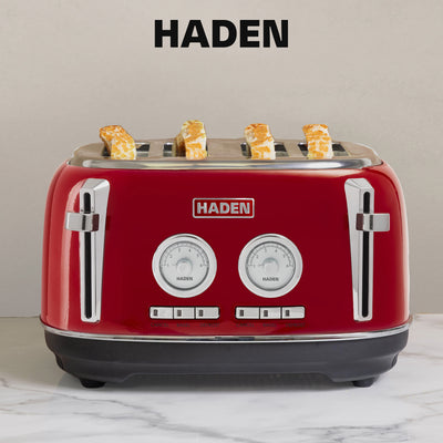 Haden Dorset 1.7 Liter Cordless Electric Kettle and 4 Slice Bread Toaster, Red