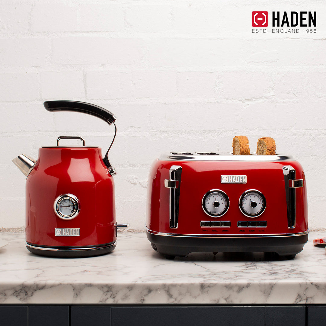 Haden Dorset 1.7 Liter Cordless Electric Kettle and 4 Slice Bread Toaster, Red