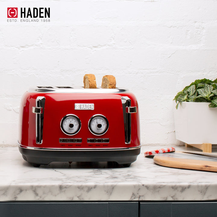 Haden Dorset 1.7 Liter Cordless Electric Kettle and 4 Slice Bread Toaster, Red