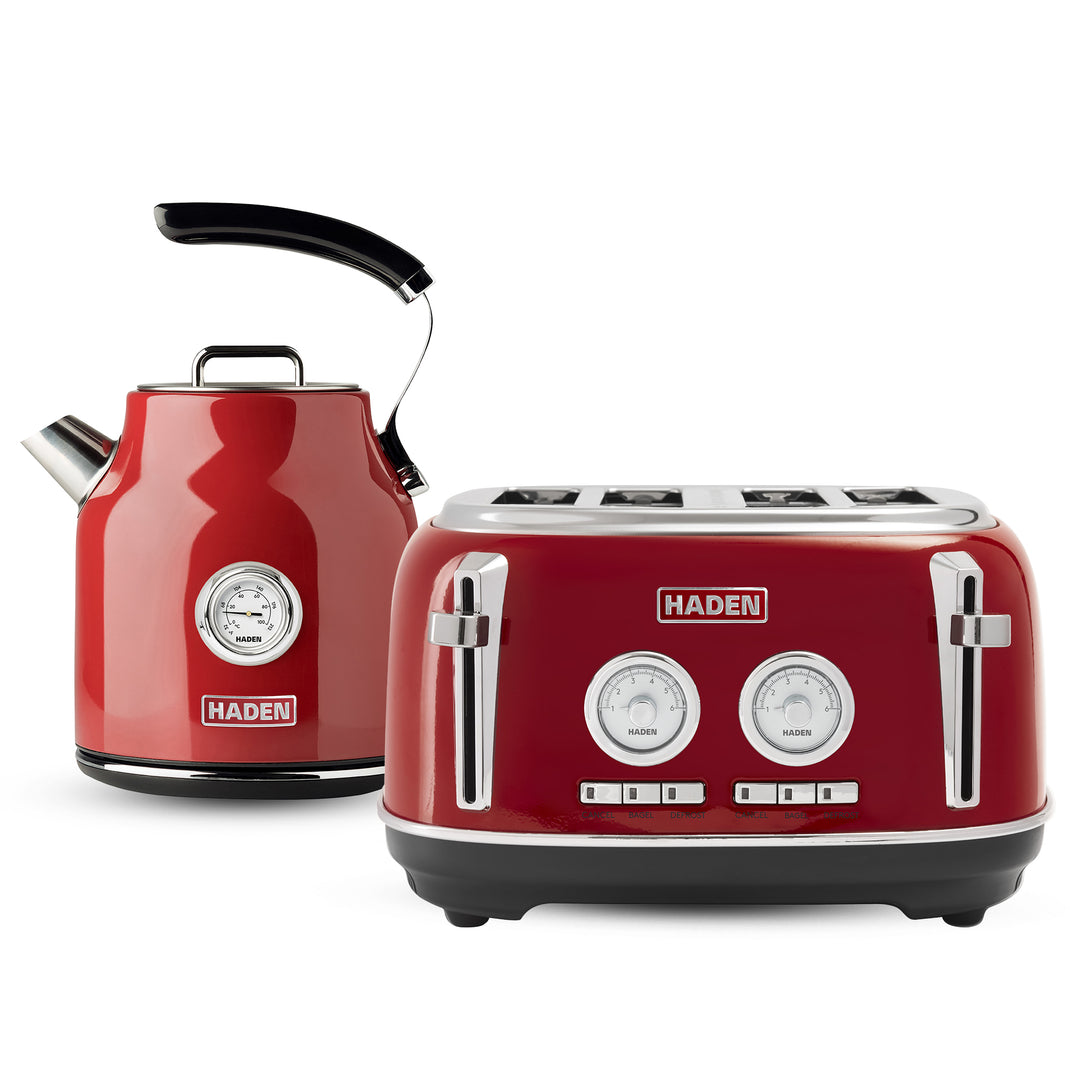 Haden Dorset 1.7 Liter Cordless Electric Kettle and 4 Slice Bread Toaster, Red