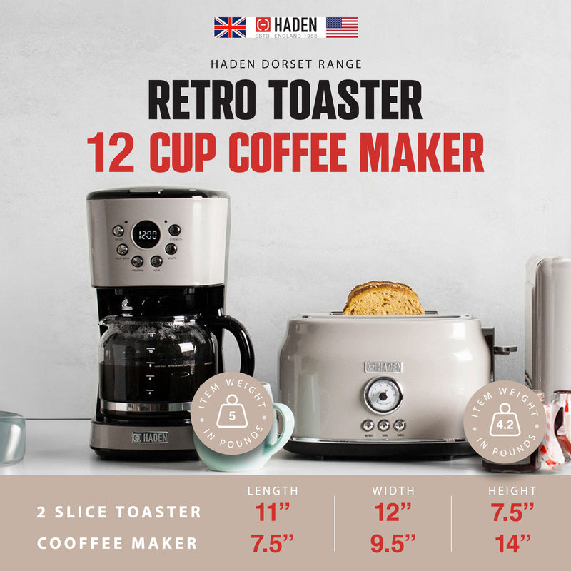 Haden Retro Style 12 Cup Programmable Coffee Maker with 2 Slice Toaster, Beige