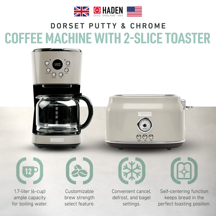 Haden 12 Cup Coffee Maker & Dorset 2 Slice Wide Slot Toaster, Putty & Chrome