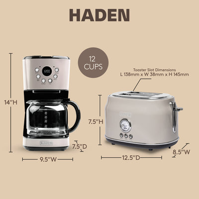 Haden 12 Cup Coffee Maker & Dorset 2 Slice Wide Slot Toaster, Putty & Chrome