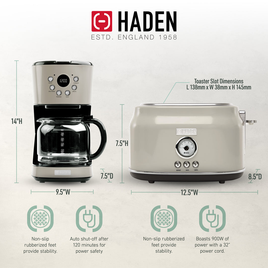 Haden 12 Cup Coffee Maker & Dorset 2 Slice Wide Slot Toaster, Putty & Chrome