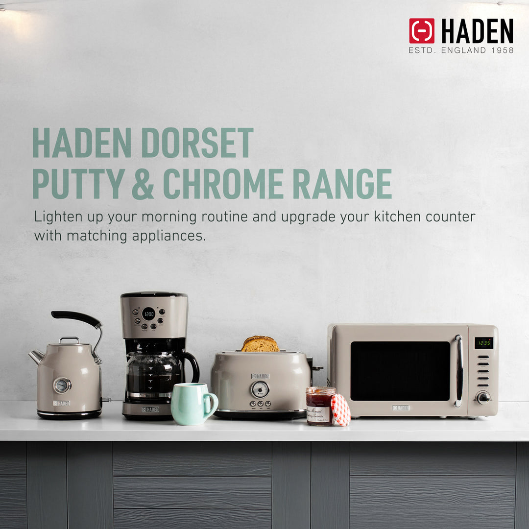 Haden 12 Cup Coffee Maker & Dorset 2 Slice Wide Slot Toaster, Putty & Chrome