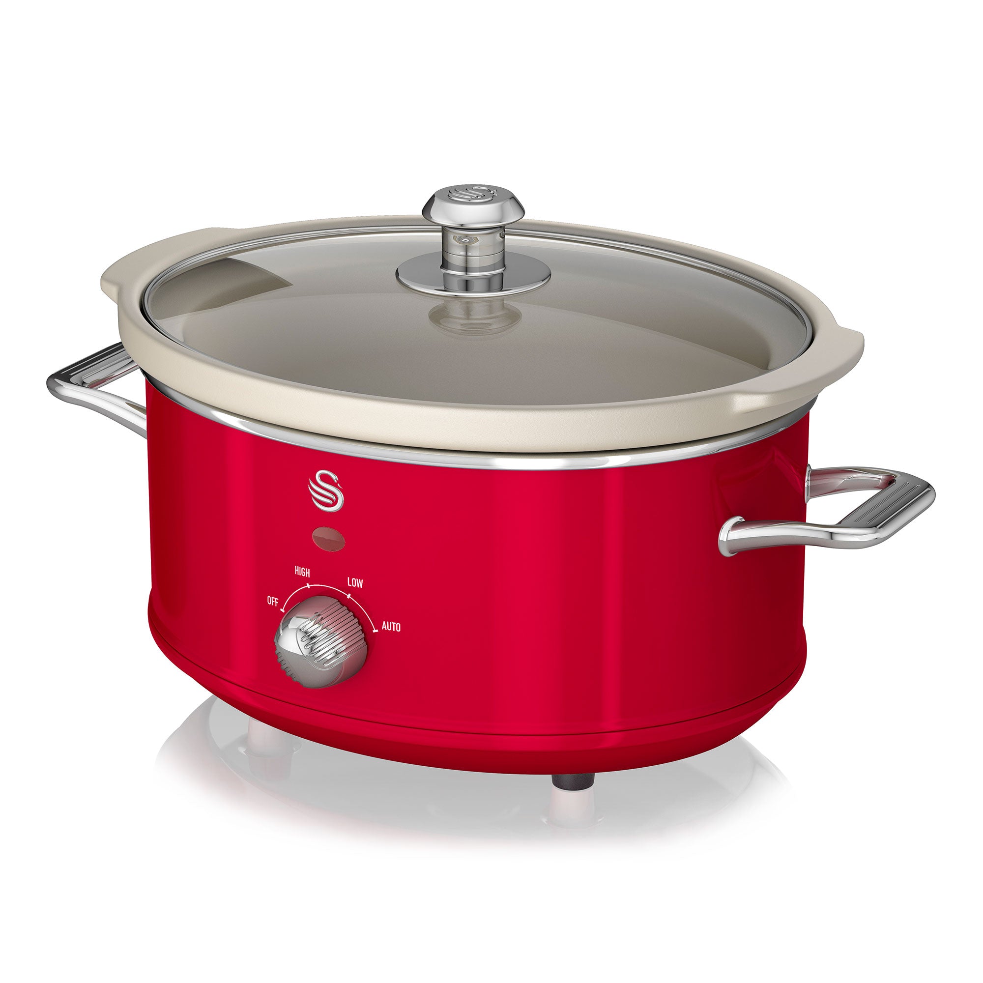 Swan 3.5 Liter 200 Watt Vintage Retro Automatic Kitchen Slow Cooker Pot, Red