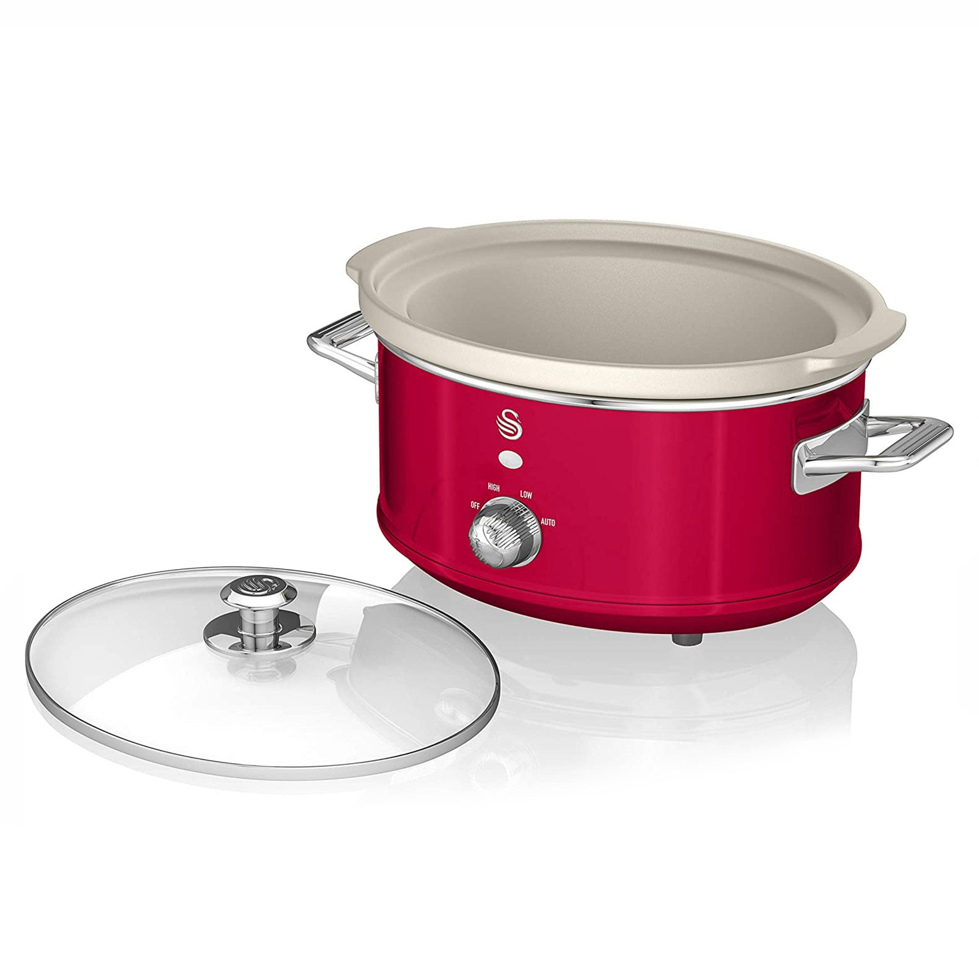 Swan 3.5 Liter 200 Watt Vintage Retro Automatic Kitchen Slow Cooker Pot, Red