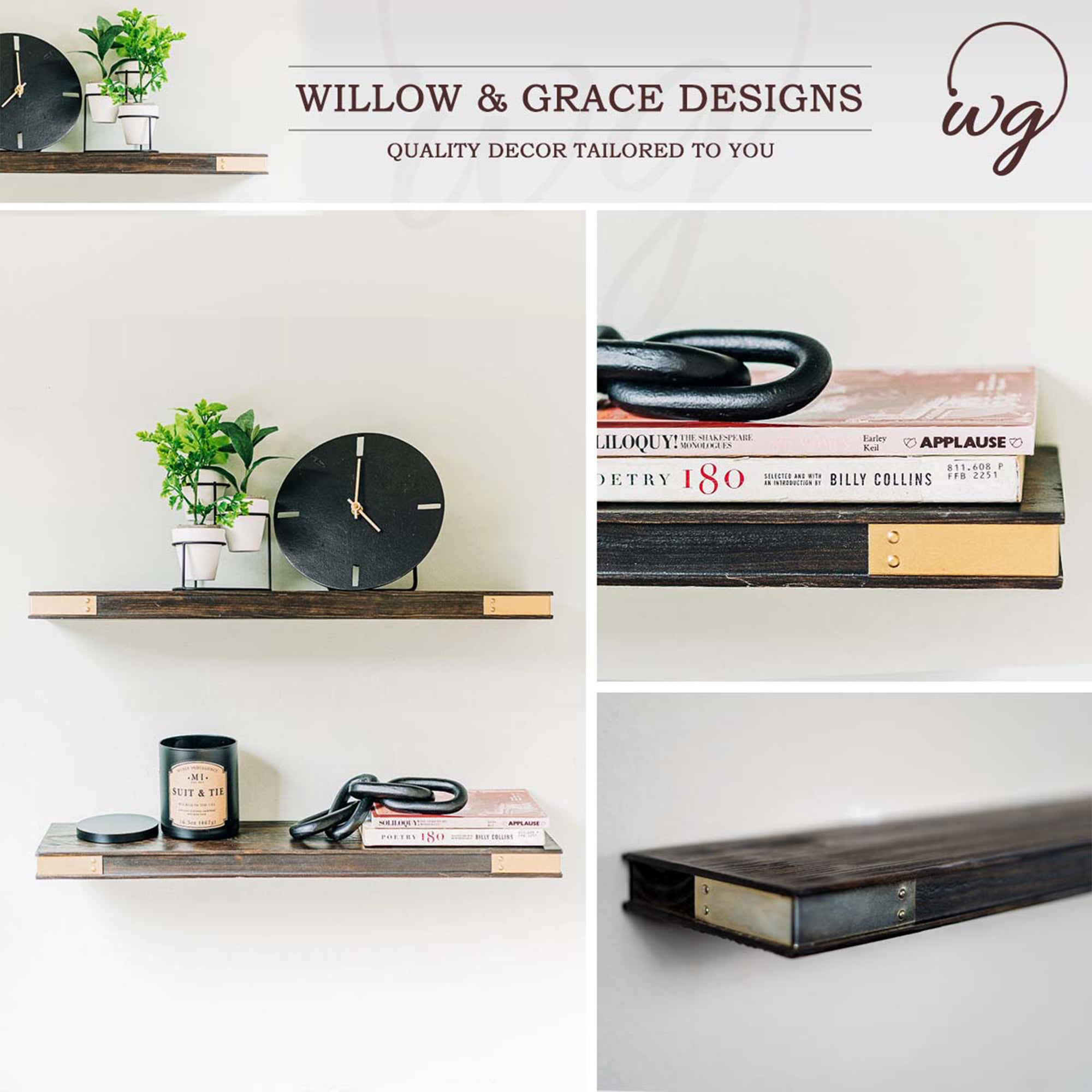 Willow & Grace Nathalie 24" Wood Wall Shelves, Dark Walnut, Set of 2 (Open Box) - VMInnovations
