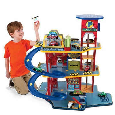 KidKraft Wooden Tall 3-Tier Garage Trucks, Cars, & Helicopter Playset (Open Box)
