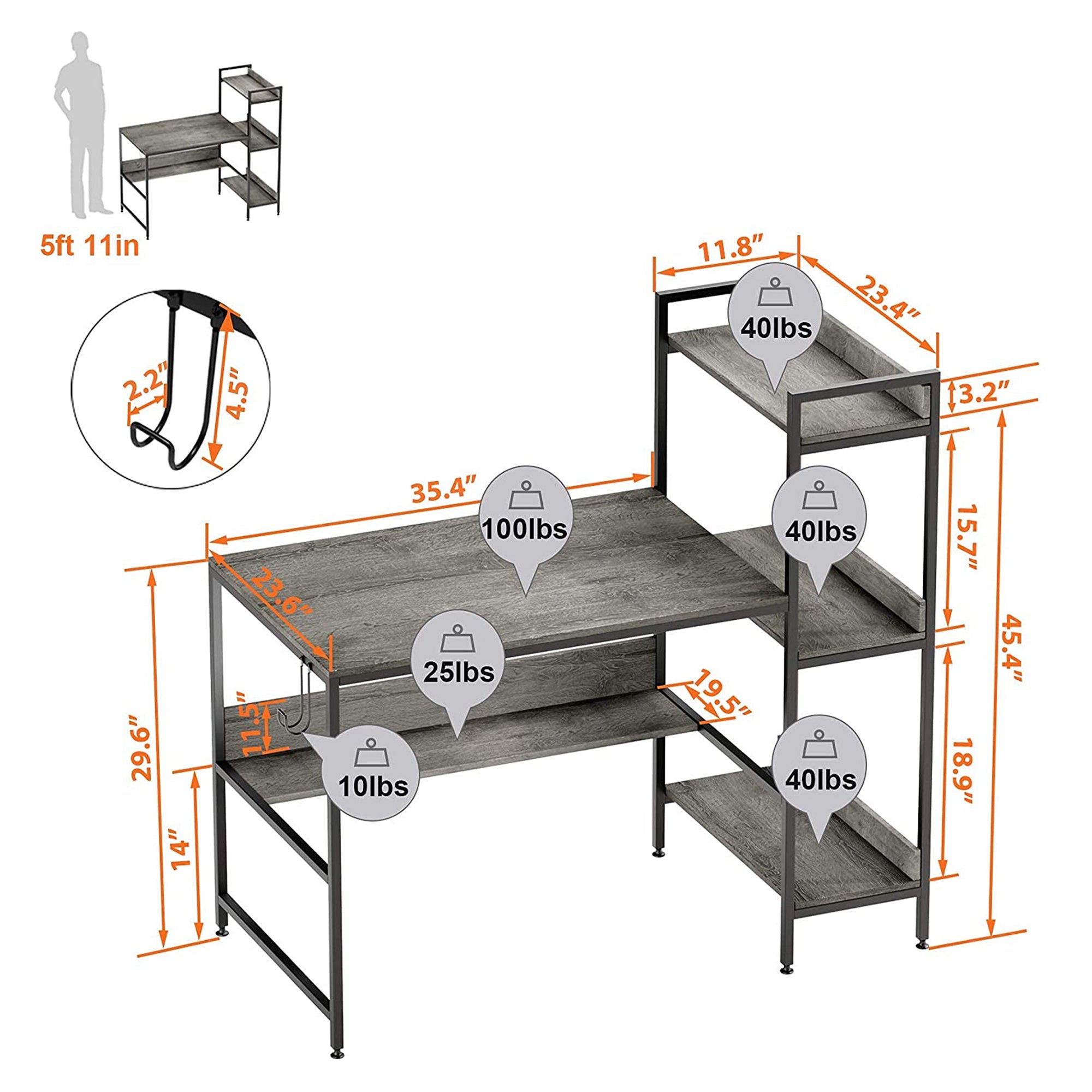 Bestier Computer Office Workstation with Side Storage Shelves, Grey (Open Box) - VMInnovations