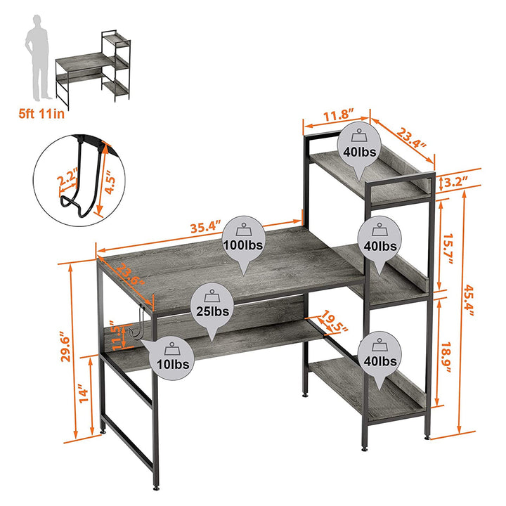 Bestier Computer Office Desk Workstation with Side Storage Shelves & Hook, Grey