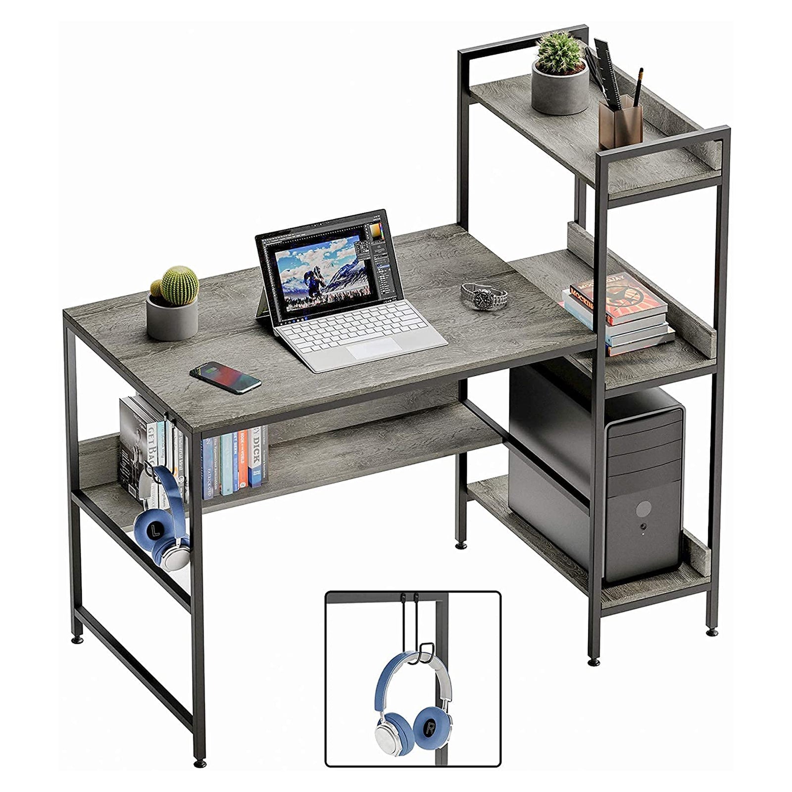 Bestier Computer Office Desk Workstation with Side Storage Shelves & Hook (Used) - VMInnovations