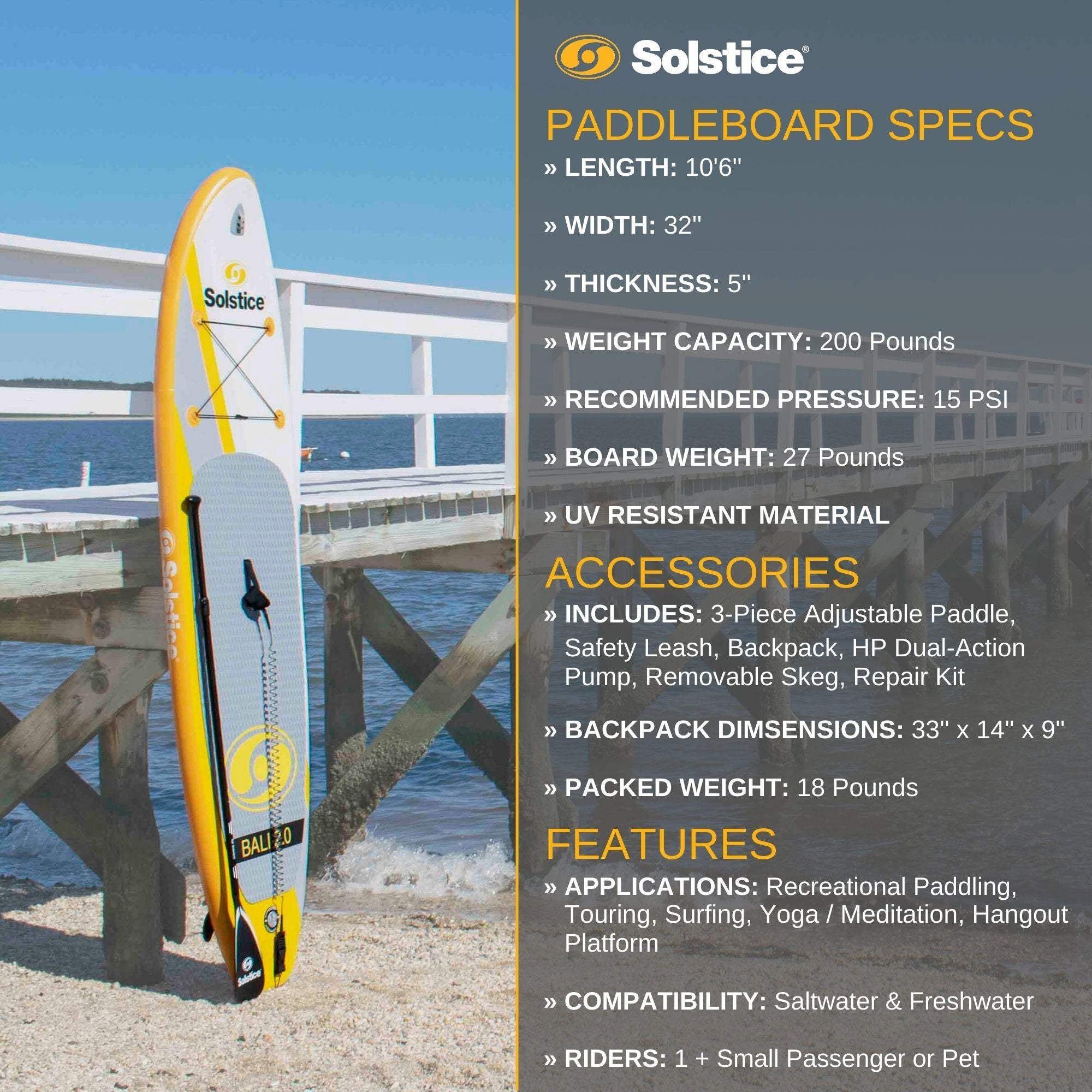Solstice Watersports Bali 2.0 10.5 Foot Inflatable Stand-Up Board Kit (Open Box) - VMInnovations