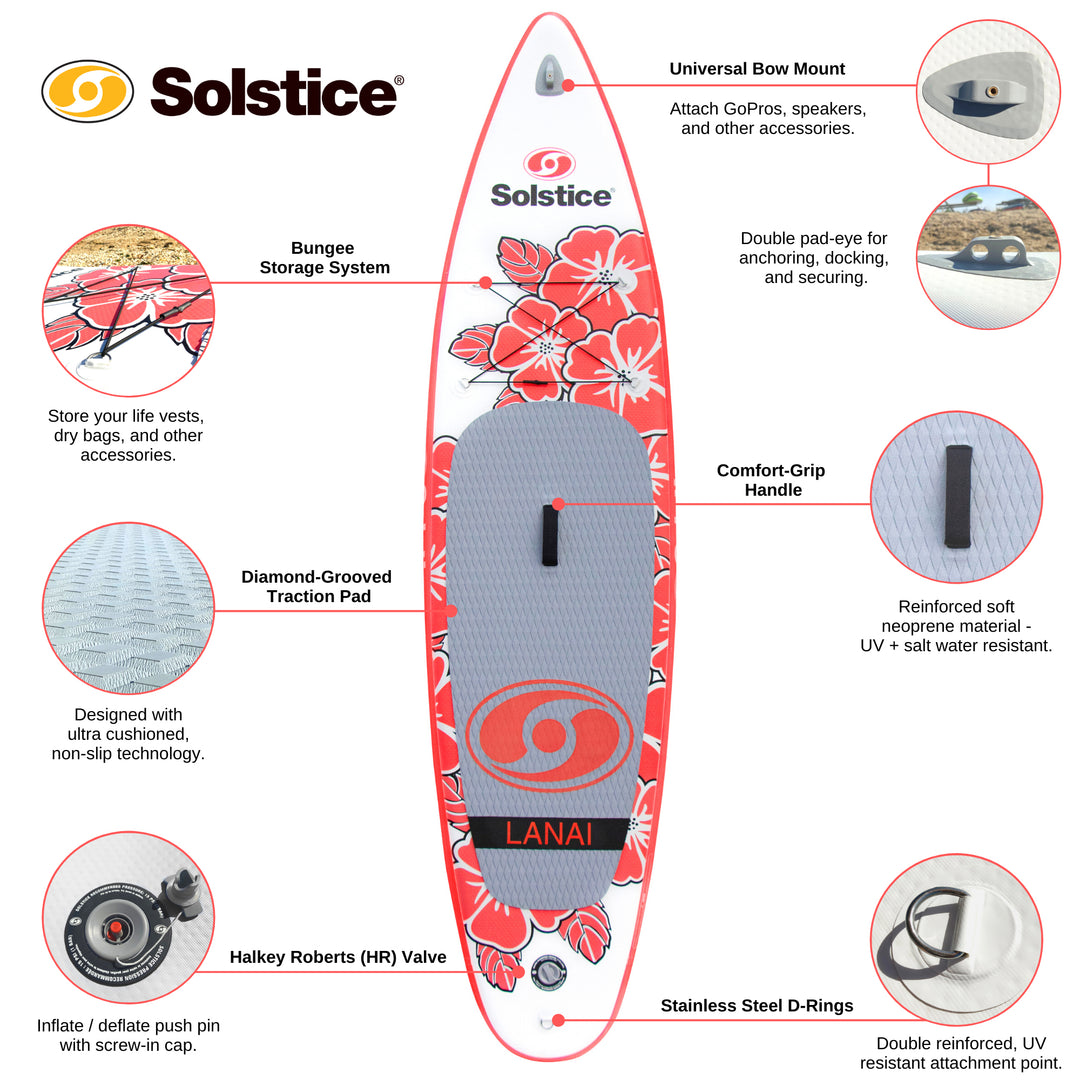 Solstice Watersports Lanai 10 Foot Inflatable Stand-Up Paddle Board Kit, Red - VMInnovations
