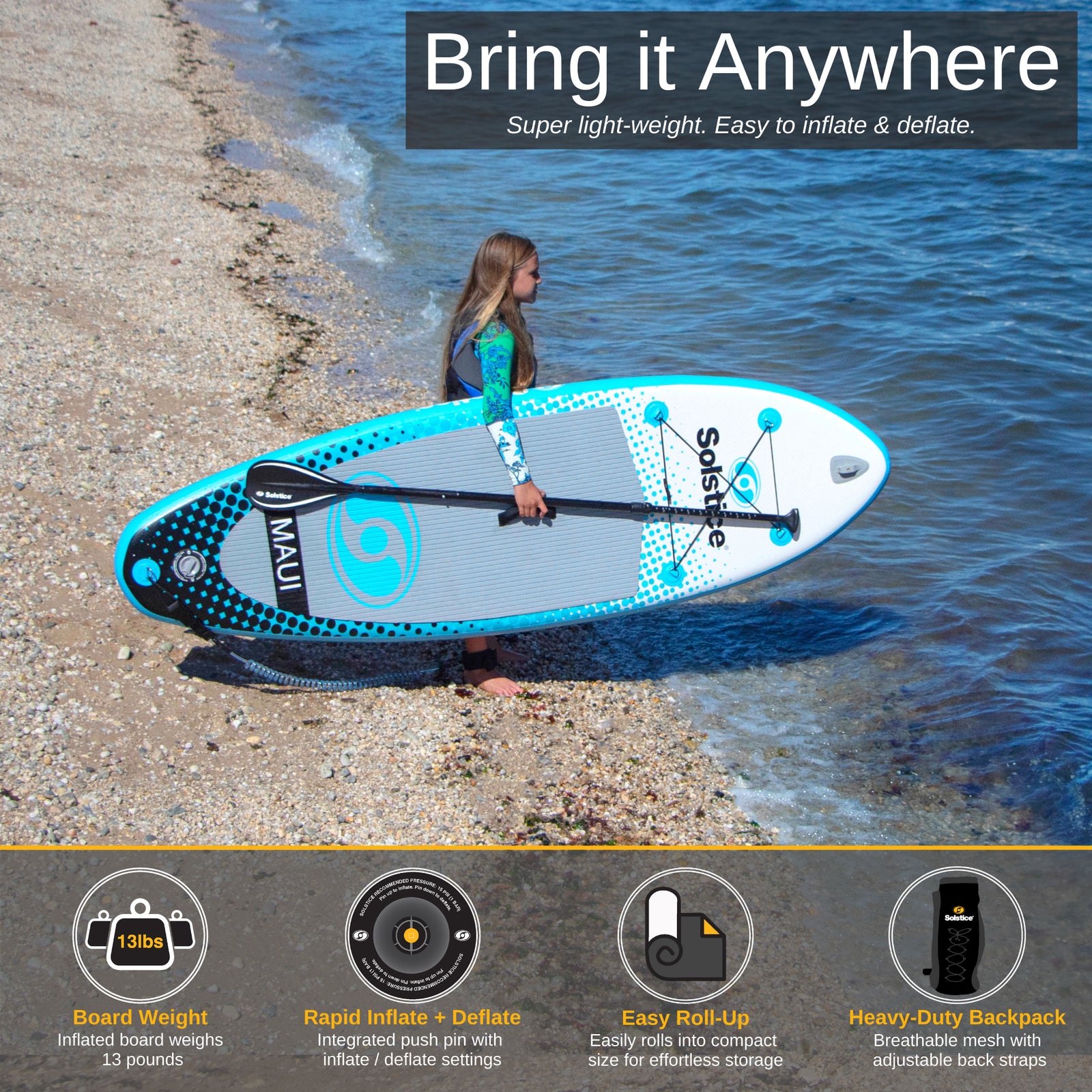 Solstice Maui 8-Foot Youth Stand Up Paddle Board Inflatable SUP Raft Set, Blue - VMInnovations