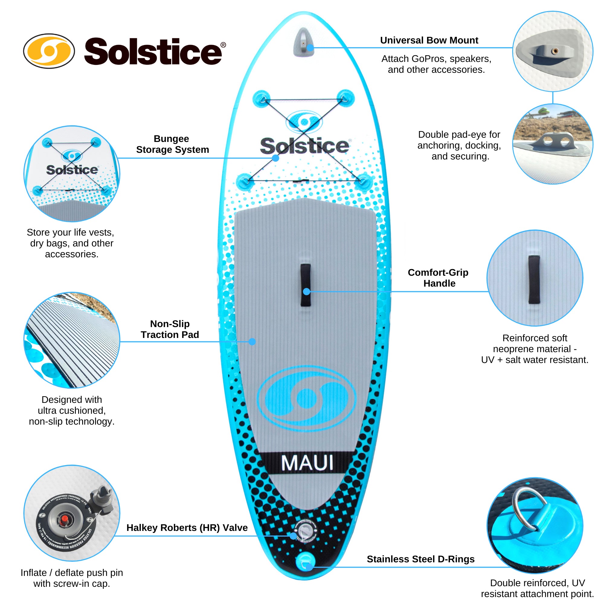 Solstice Maui 8-Foot Youth Stand Up Paddle Board Inflatable SUP Raft Set, Blue - VMInnovations