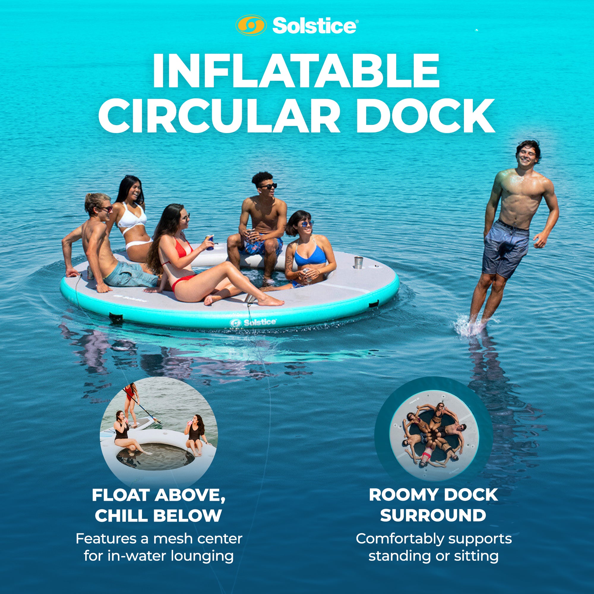 Solstice 10' Inflatable 7-10 Person Circular Mesh Dock Floating Island Platform - VMInnovations
