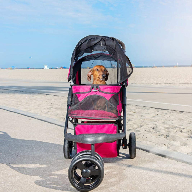 PETIQUE Durable Folding Pet Stroller with Mesh Sides for Dogs & Cats, Razzberry