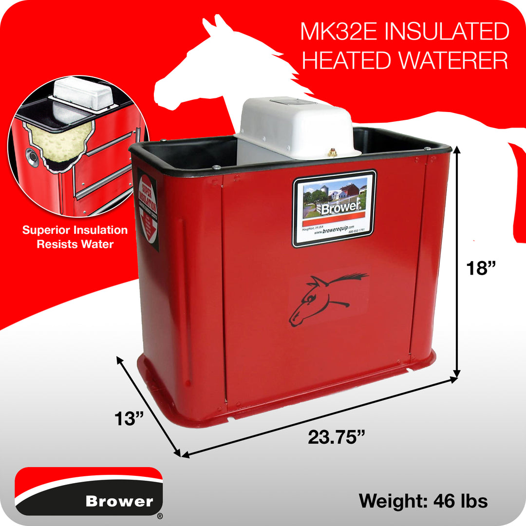 Brower MK32E 18 Inch Insulated Steel Electric Heated Livestock Waterer, Red