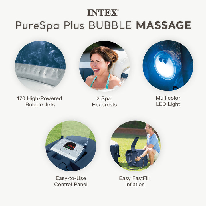 Intex PureSpa Plus 6 Person Inflatable Round Hot Tub Set with 170 AirJets, Blue