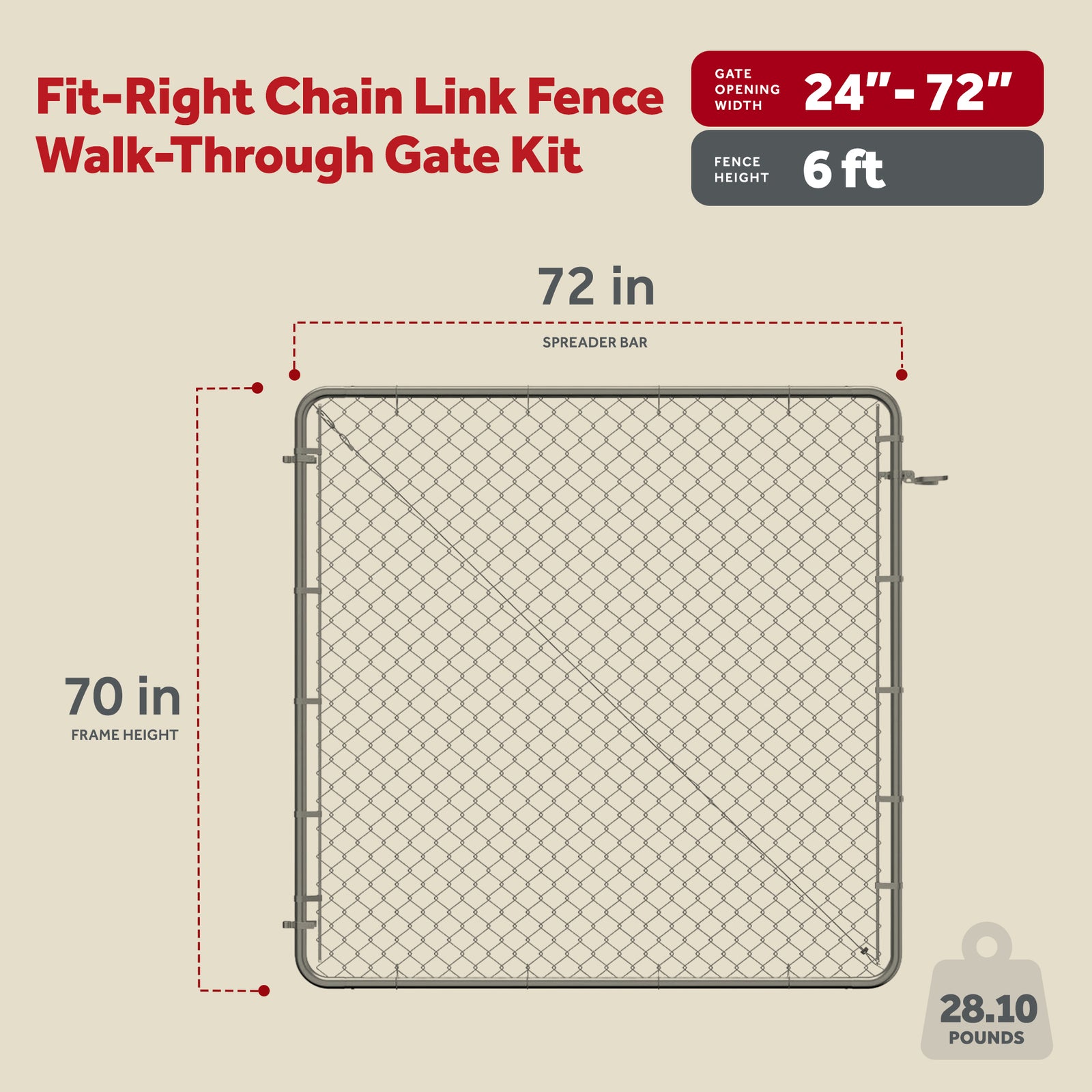 Adjust-A-Gate Fit-Right Chain Link Fence Walk-Through Gate Kit (24"-72"W x 6'H) - VMInnovations
