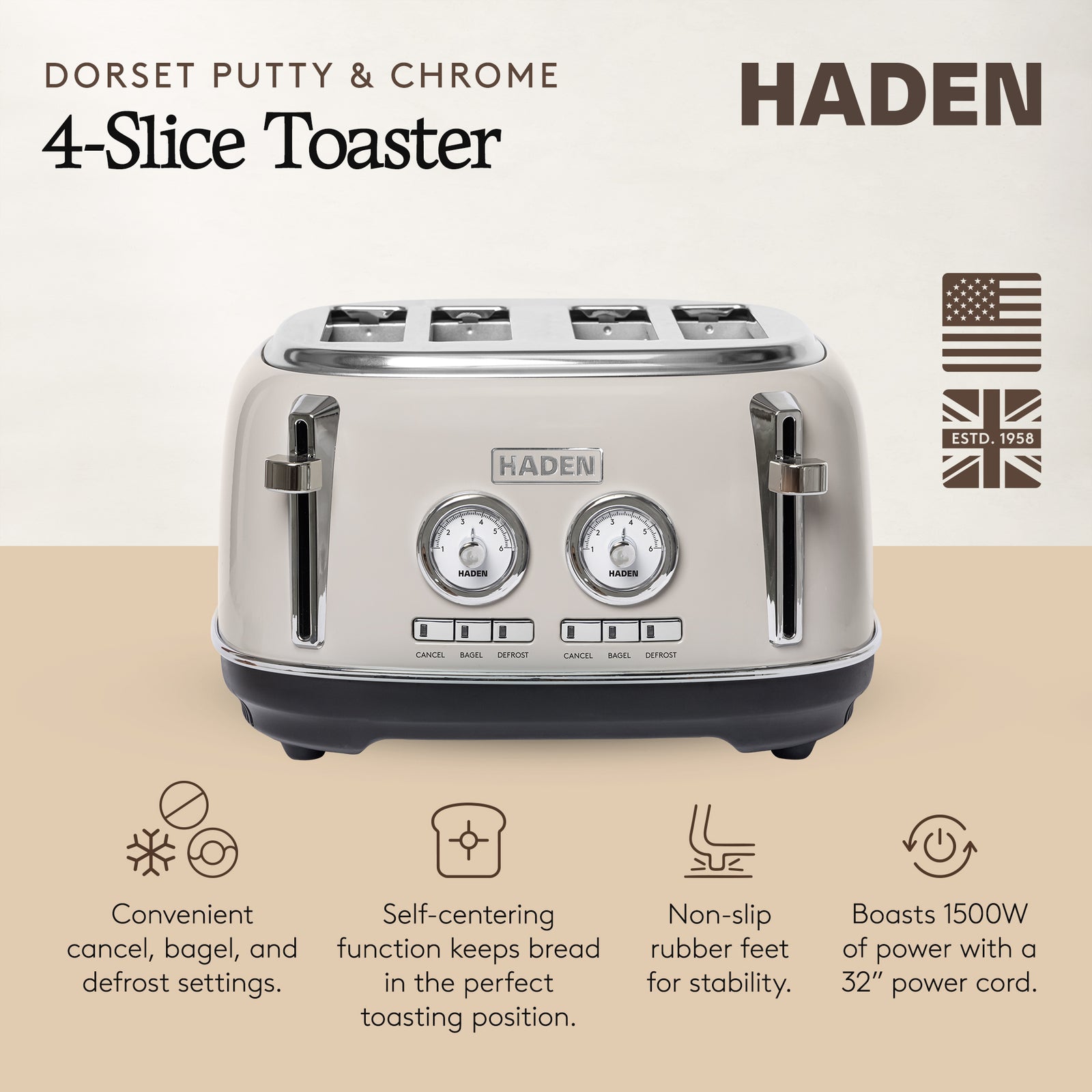 Haden Dorset 4 Slice Wide Slot Stainless Steel Toaster, Putty & Chrome - VMInnovations