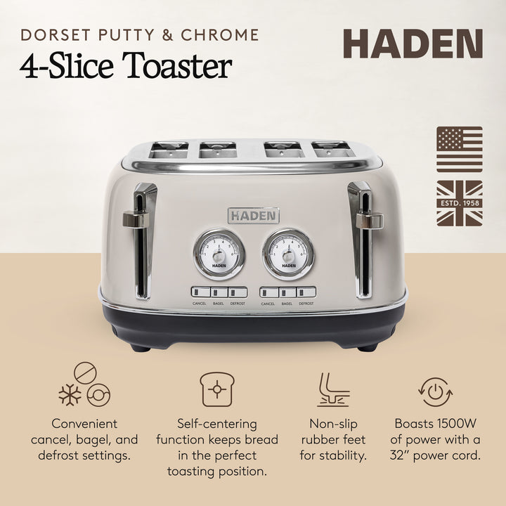 Haden 4 Slice Wide Slot Stainless Steel Toaster w/ Crumb Tray, Putty (Open Box) - VMInnovations