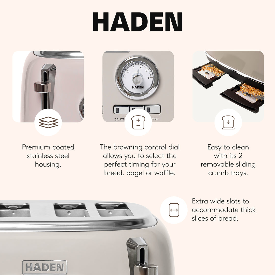 Haden 4 Slice Wide Slot Stainless Steel Toaster w/ Crumb Tray, Putty (Open Box) - VMInnovations