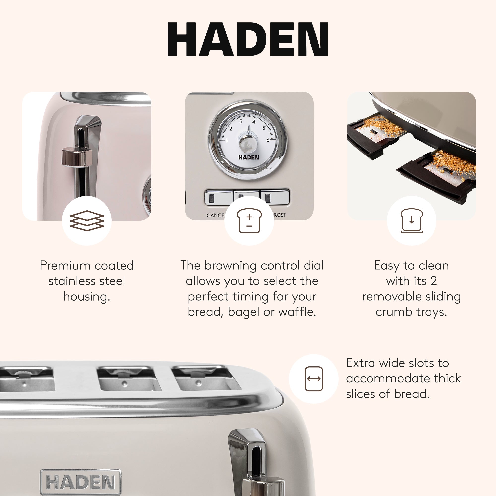 Haden Dorset Wide Slot Stainless Steel Toaster with Crumb Tray, Putty (Used)