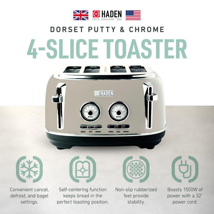 Haden Dorset 4 Slice Wide Slot Stainless Steel Toaster, Putty & Chrome