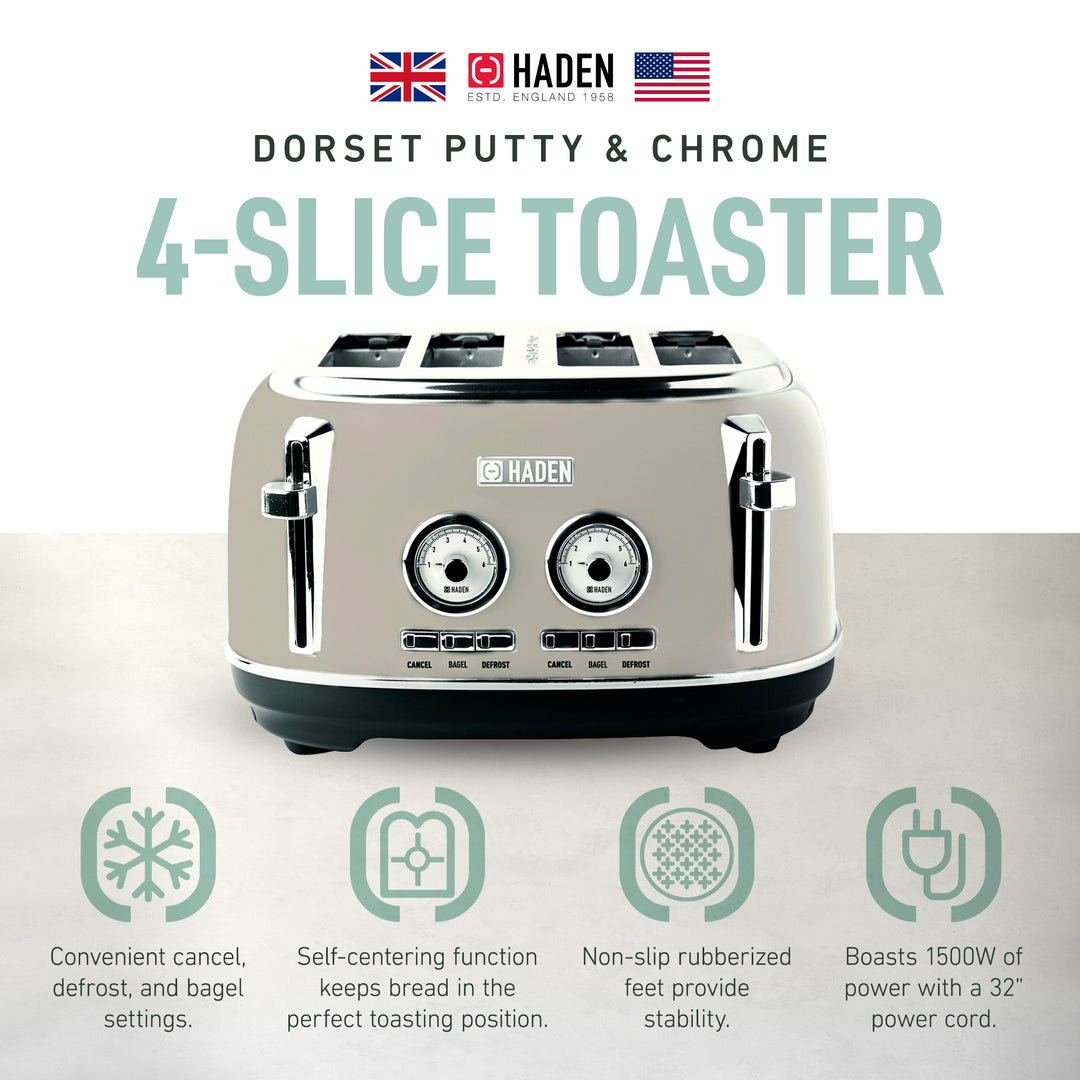 Haden 4 Slice Wide Slot Stainless Steel Toaster w/ Crumb Tray, Putty (Open Box)