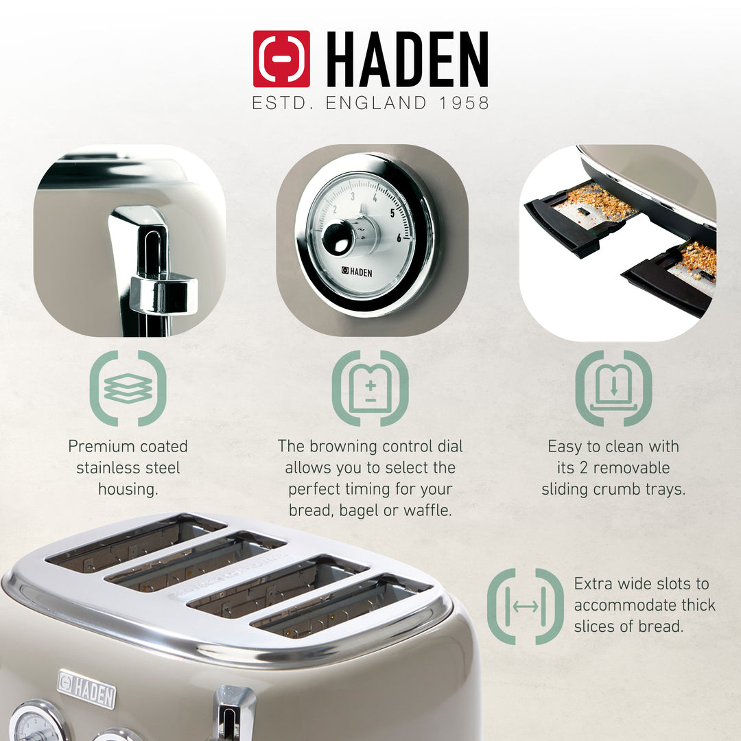 Haden 4 Slice Wide Slot Stainless Steel Toaster w/ Crumb Tray, Putty (Open Box)