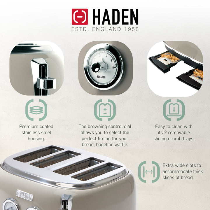 Haden 4 Slice Wide Slot Stainless Steel Toaster w/ Crumb Tray, Putty (Open Box)