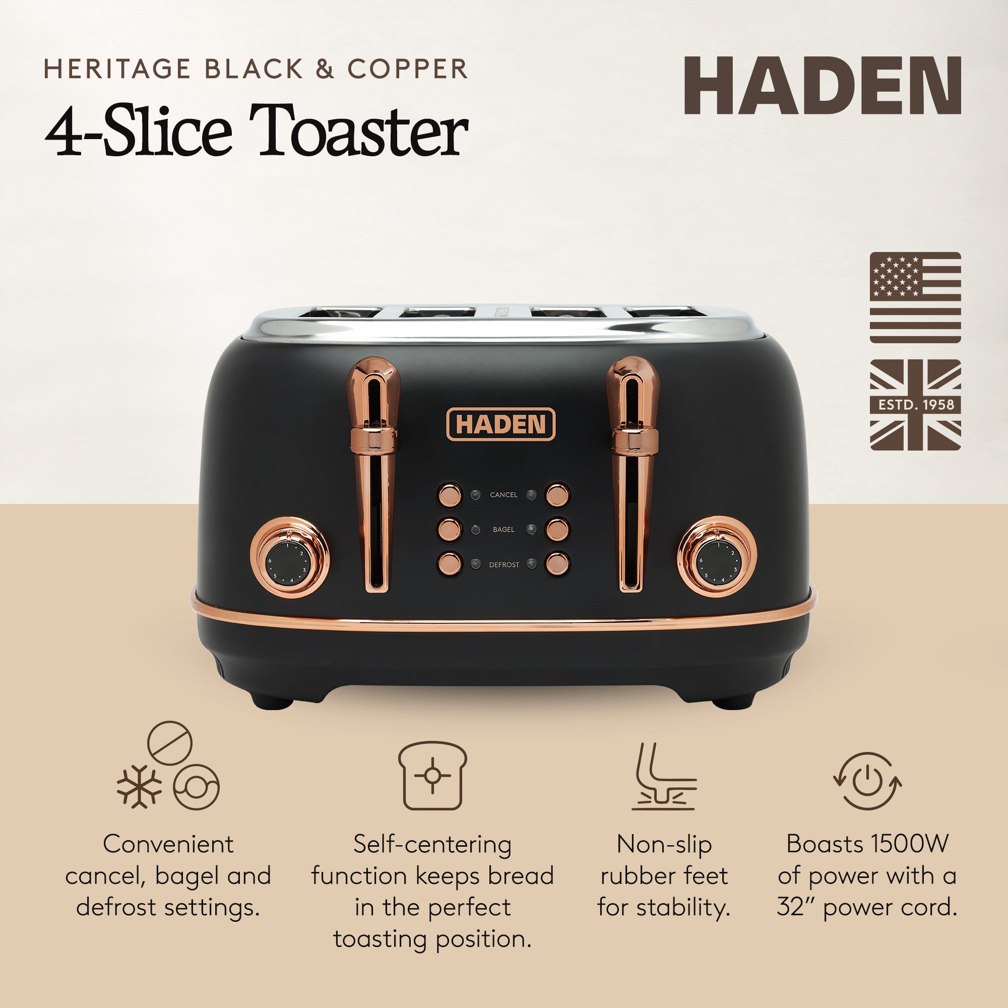 Haden Heritage 4 Slice Toaster & Dorset 1.7L Electric Water Kettle, Black/Copper