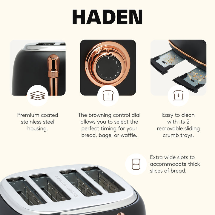 Haden Dorset 4 Slice Stainless Steel Toaster with Tray, Black/Copper (Open Box)