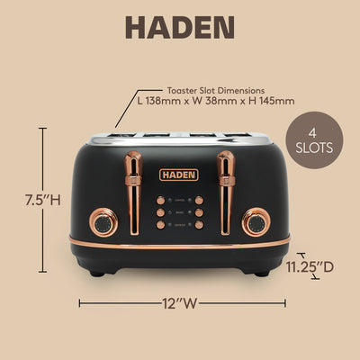 Haden Heritage 4 Slice Toaster & Dorset 1.7L Electric Water Kettle, Black/Copper - VMInnovations