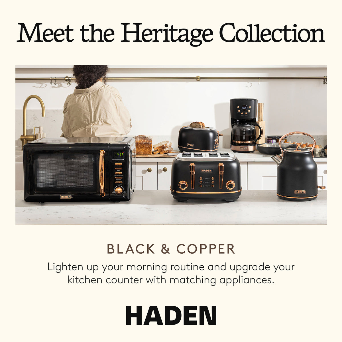 Haden Heritage 4 Slice Toaster & Dorset 1.7L Electric Water Kettle, Black/Copper