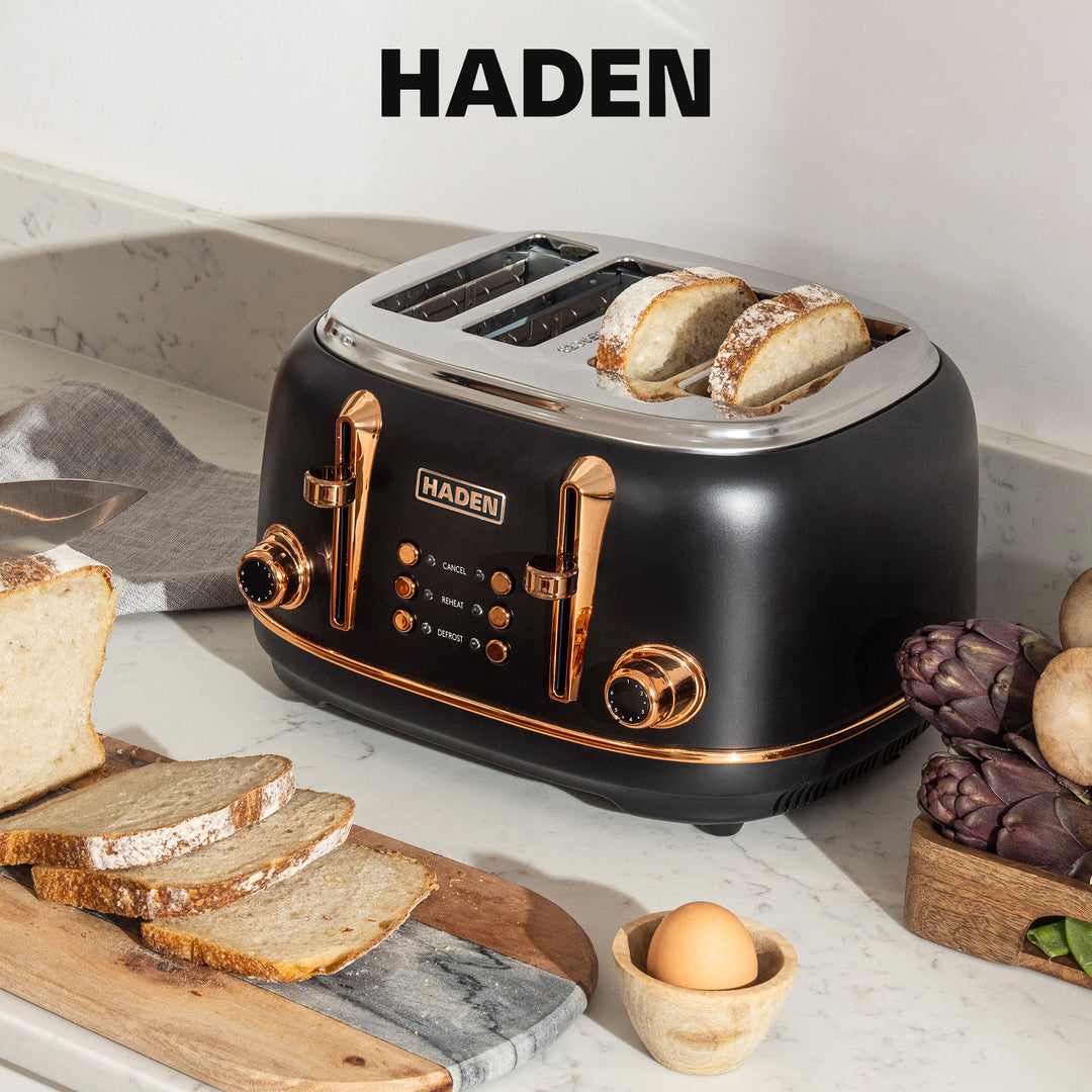 Haden Dorset 4 Slice Stainless Steel Toaster with Tray, Black/Copper (Open Box)