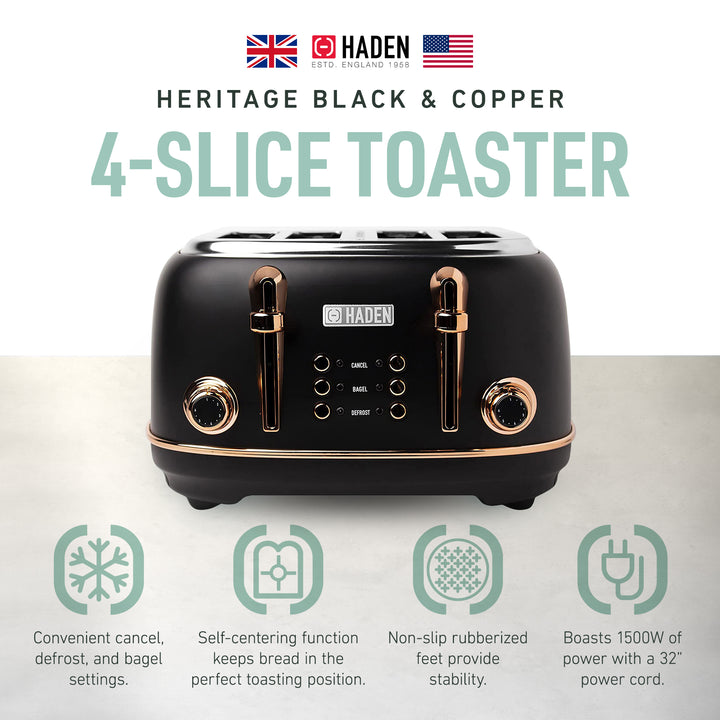 Haden Heritage 4 Slice Wide Slot Stainless Steel Toaster, Black & Copper