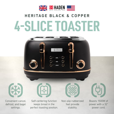 Haden Heritage 4 Slice Wide Slot Stainless Steel Toaster, Black & Copper