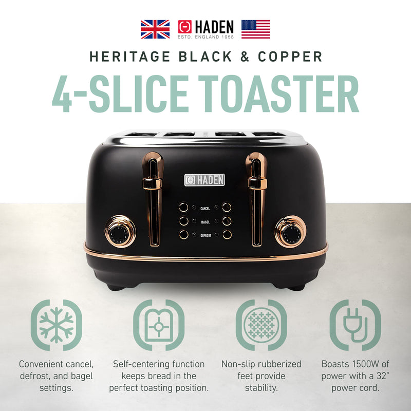 Haden Dorset 4 Slice Stainless Steel Toaster with Tray, Black/Copper (Open Box)