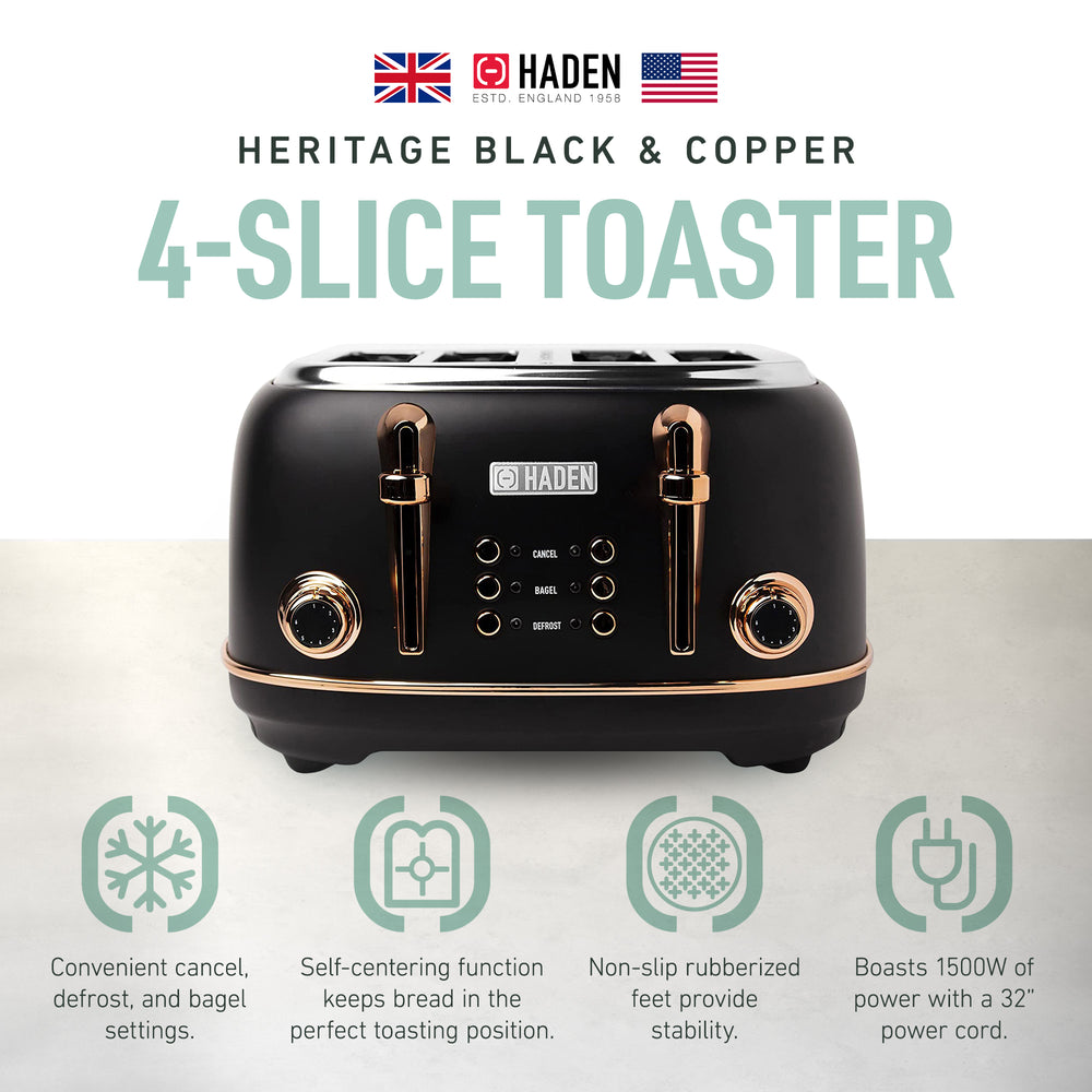 Haden Dorset 4 Slice Wide Slot Toaster with Tray, Black/Copper (For Parts) - VMInnovations